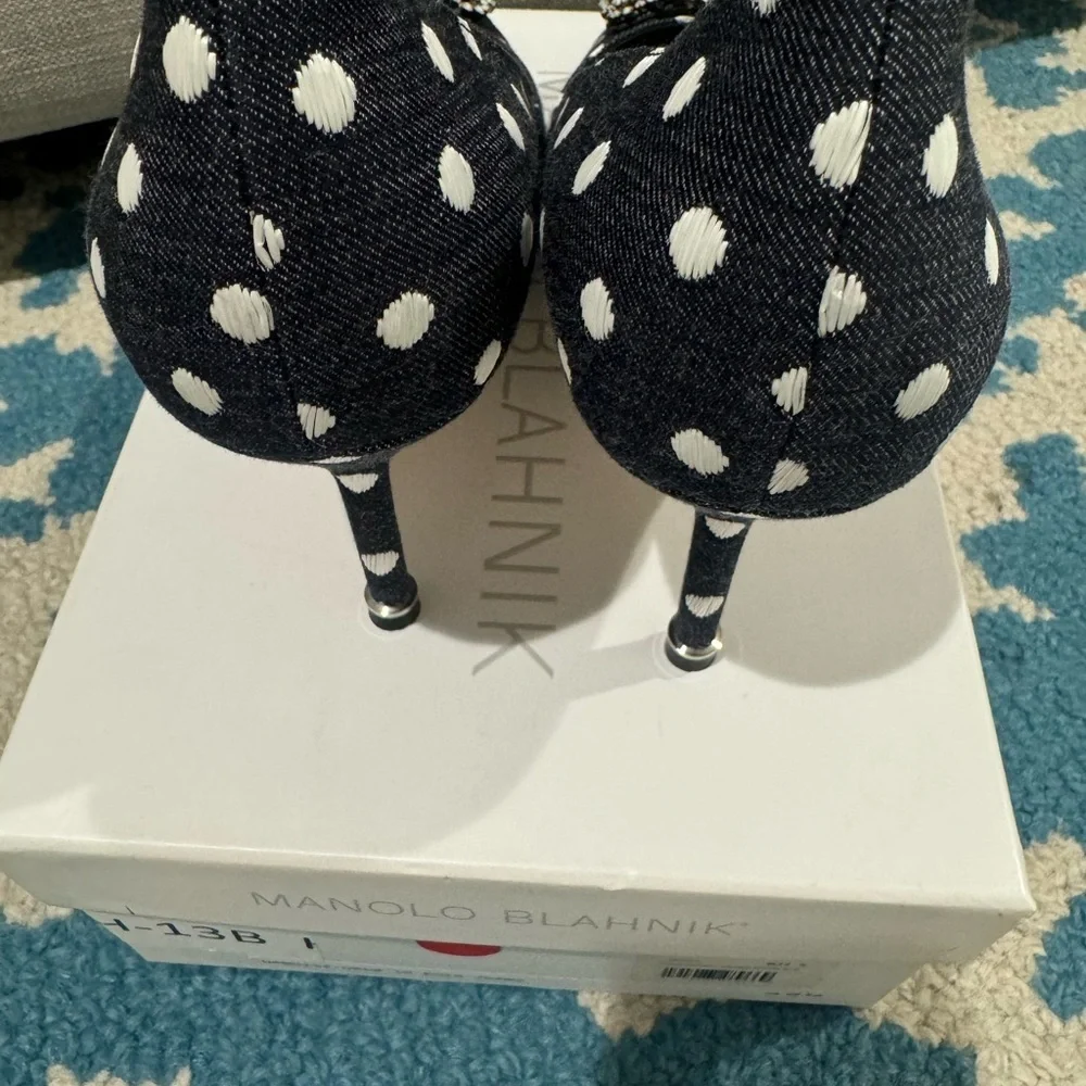 Manolo Blahnik Black and White Polka Dot Heels 70mm Jacquard Jeans Blk - Picture 10 of 10
